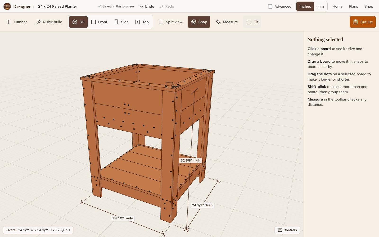 A 24 x 24 raised planter in the Designer, shown in 3D with its width, depth and height measured